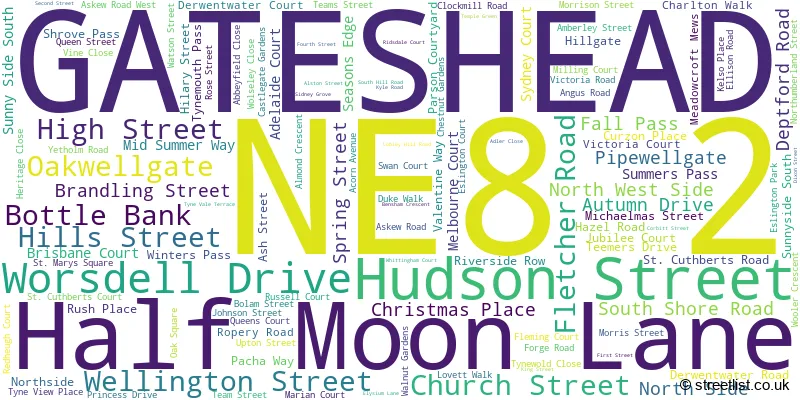 A word cloud for the NE8 2 postcode